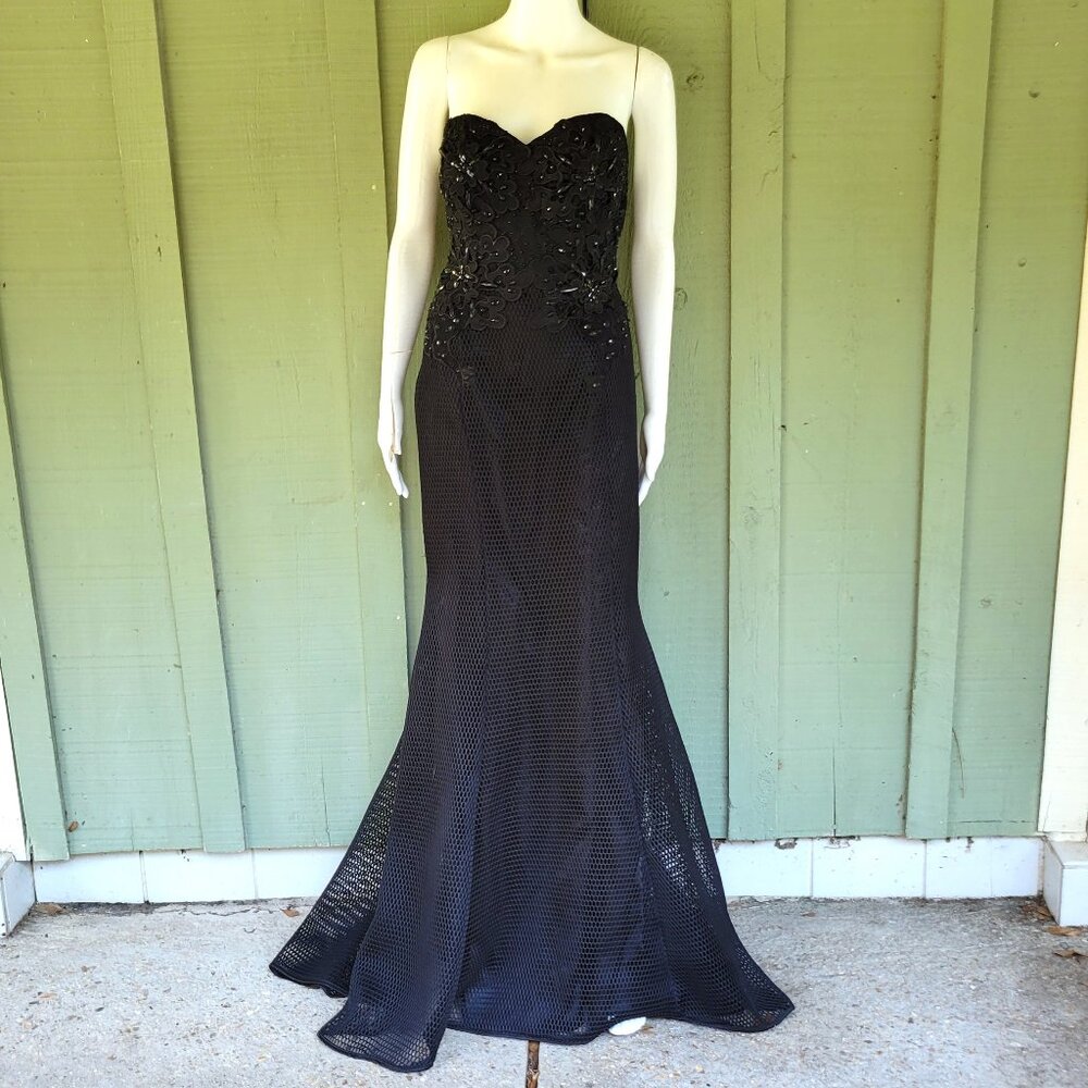 JOVANI Black Mesh Beaded Evening Gown Strapless Dress 10